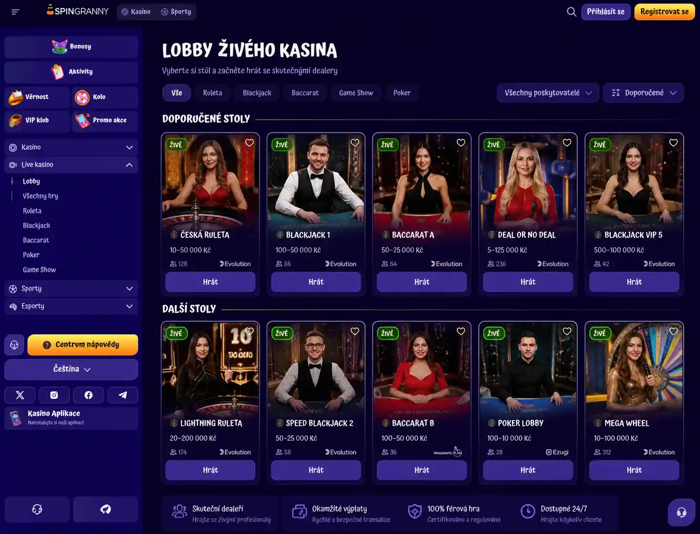 Lobby živého kasina SpinGranny s přehledem dostupných stolů